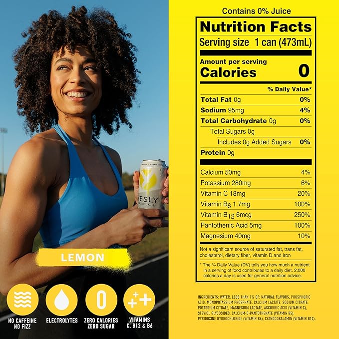 Yesly Functional Water, Lemon, Naturally Flavored Still Water with Electrolytes, Magnesium, Potassium, Vitamin C, B6 & B12, Zero Sugar, No Artificial Sweeteners, Caffeine Free, 16 Fl Oz Cans, 12 Pack