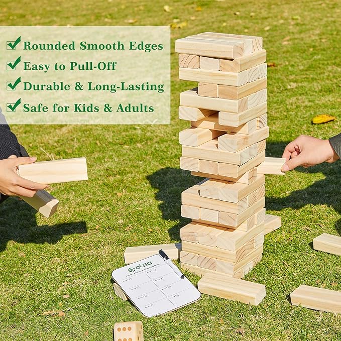 Olsa Giant Tumble Tower 57PCS Wooden Block Stacking Yard Games with Carrying Bag Classic Indoor & Outdoor Game for Adults and Family Party Games for Backyard Lawn Beach Camping (Over 4.2 Ft)