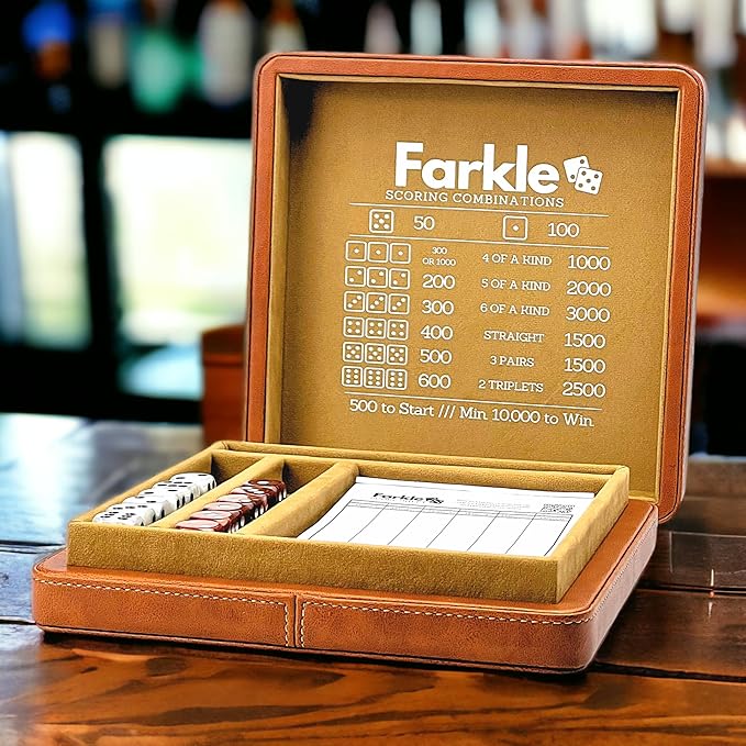 Luck Lab Farkle Dice Tray and Storage Case - Includes Embedded Scoring Combinations, 2 Sets of 6 Pearl Dice, 40 Sheet Score Pad and Pen Holder for The Classic Family Game (Brown)