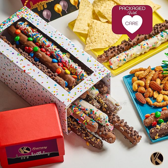KREMERY Creamy Chocolate Cravings - Birthday Treats, Chocolate Covered Pretzel Rods Gift Basket, in Confetti Tower + Greeting Card (10 Pretzels, Assorted Sweet Toppings) Kosher Dairy, USA Made