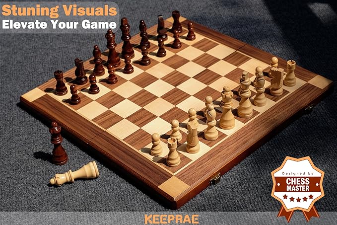 15” Magnetic Wooden Chess Set with Removable Chess Piece Case, KEEPRAE Folding Travel Chess Board Game for Adults & Kids, Tournament & Beginner