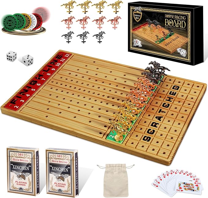 Horse Racing Game with Cards and Dice, Horse Race Board Game for Adult, Thickened Solid Wood with 11 Luxurious Durable Classic Metal Horses, 143 Chips, 2 Dice, 2 Boxes of Cards