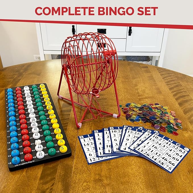 MR CHIPS 11" Tall Bingo Set with Steel Cage Professional Game Everlasting 7/8” Balls, 18 Cards and 300 Chips - Lucky Red Color