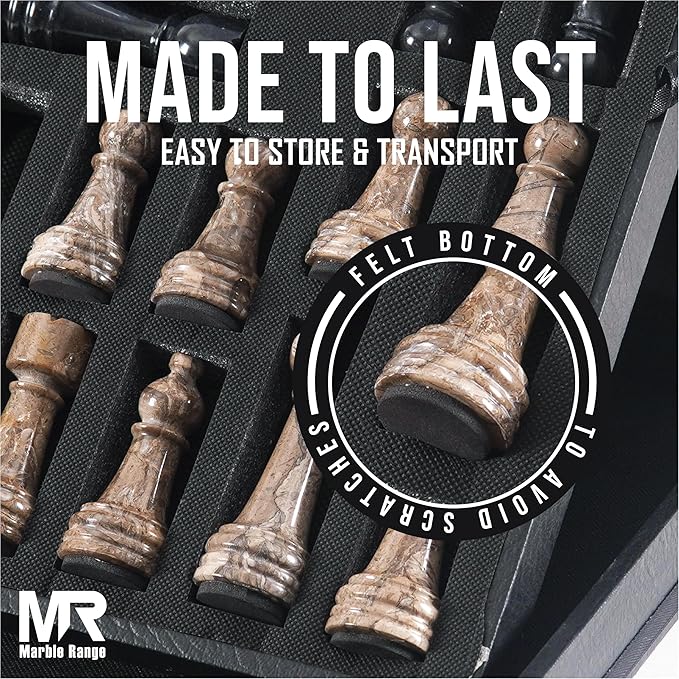 Marble Chess Set 15 Inch Handmade Oceanic & Black Board Game with Storage Box, Classic Travel Chess Set for Adults with Pieces & 2 Extra Queens, Elegant Gift & Home Décor