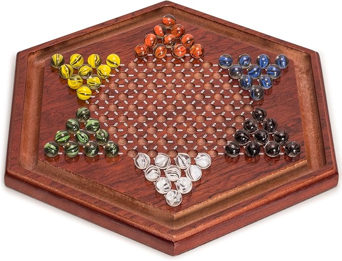 Yellow Mountain Imports Wooden Chinese Checkers Halma Board Game Set - 13.6-Inch - with 60 Colored Petal-Style Glass Marbles (16-Millimeter) - Classic Strategy Game