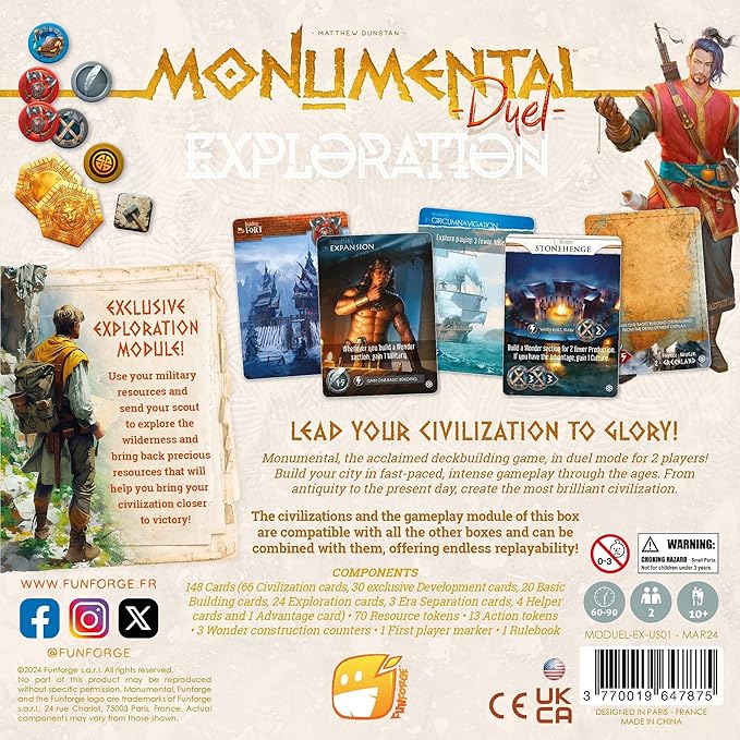 Monumental Duel - Exploration - Civilization Deck-Building Board Game, Strategy Game, Combine Or Standalone, Ages 10+, 2 Players, 60-90 Min