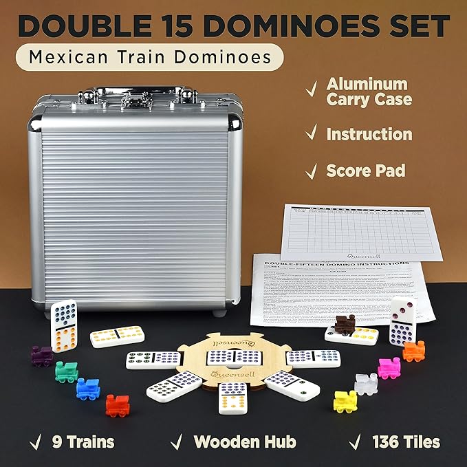 Queensell Mexican Train Dominoes Set Double 15, Dominoes Set for Adults and Family, Mexican Train Double 15 Dominoes Set Colored Dot - 136 Tiles, 9 Trains, Wooden Hub, Aluminum Case (Double 15)
