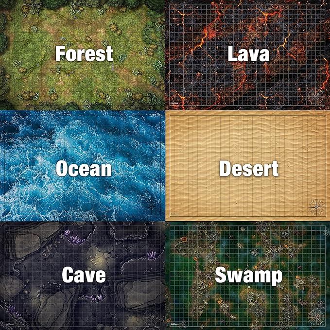 TIDYBOSS Dungeons and Dragons Expansion Pack | 3 X Double Sides 24x 36 Game Grid Mat | 6 Terrains with Lava, Sea, Forest, Cave, Swamp and Desert | Includes 2 x Dry Erase Markers, Eraser and Clips