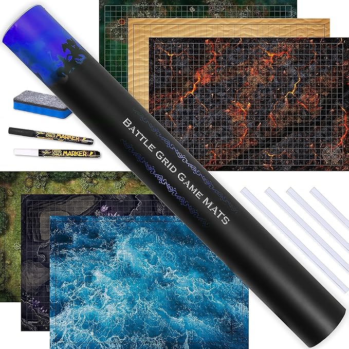 TIDYBOSS Dungeons and Dragons Expansion Pack | 3 X Double Sides 24x 36 Game Grid Mat | 6 Terrains with Lava, Sea, Forest, Cave, Swamp and Desert | Includes 2 x Dry Erase Markers, Eraser and Clips