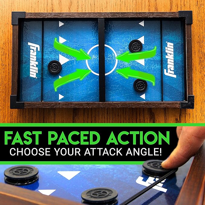 Franklin Sports Shuffleboard and Sling Puck Game - Slingshot Hockey and Shuffleboard Set with Pucks and Game Boards - 8 Mini Pucks and Slings Included