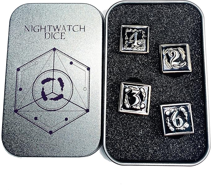 Metal Dice Set Collection for DND and All TRPG Games (Nightwatch, Silver 4D6)