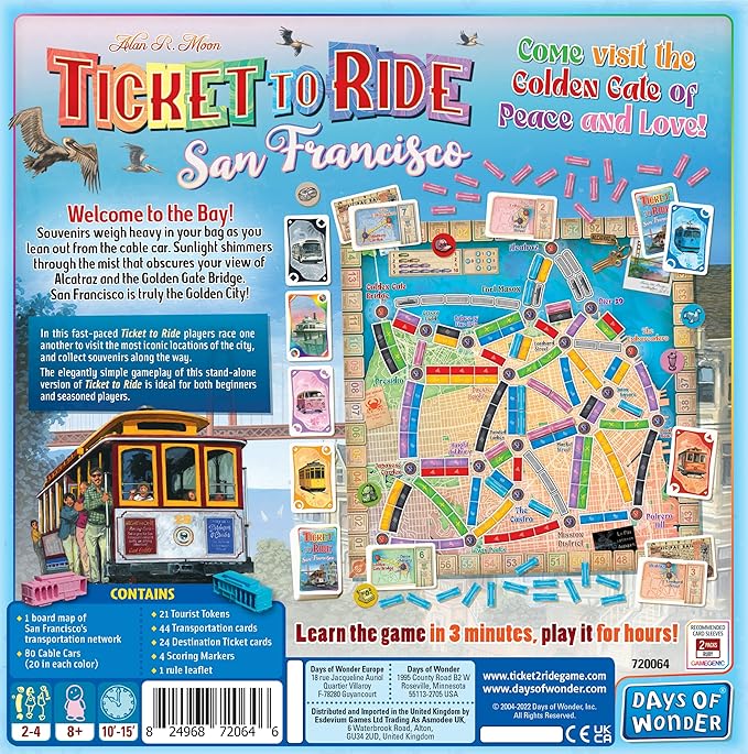Ticket to Ride San Francisco Board Game - Fast-Paced Railway Adventure in The City by The Bay! Fun Family Game for Kids & Adults, Ages 8+, 2-4 Players, 10-15 Minute Playtime, Made by Days of Wonder