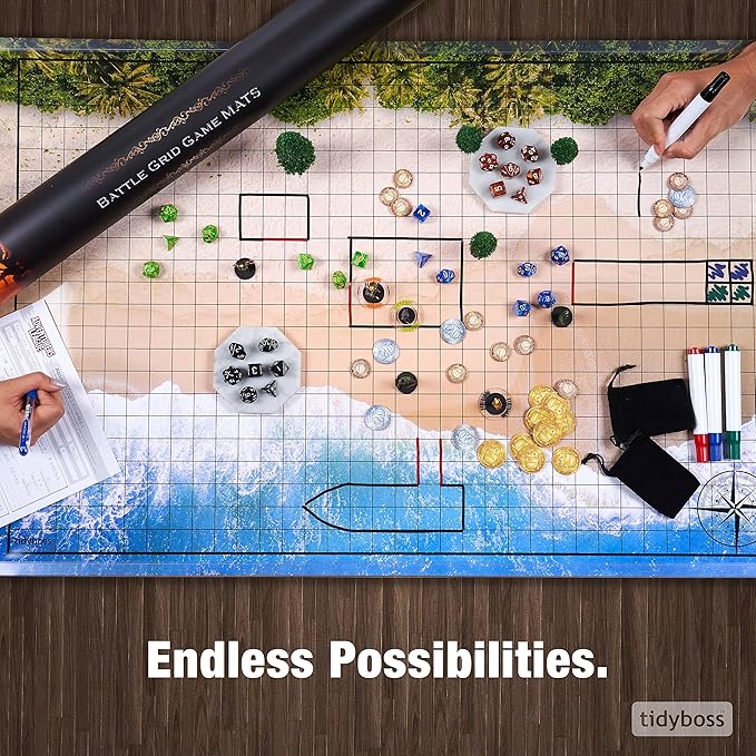 TIDYBOSS Dungeons and Dragons Expansion Pack | 3 X Double Sides 24x 36 Game Grid Mat | 6 Terrains with Lava, Sea, Forest, Cave, Swamp and Desert | Includes 2 x Dry Erase Markers, Eraser and Clips
