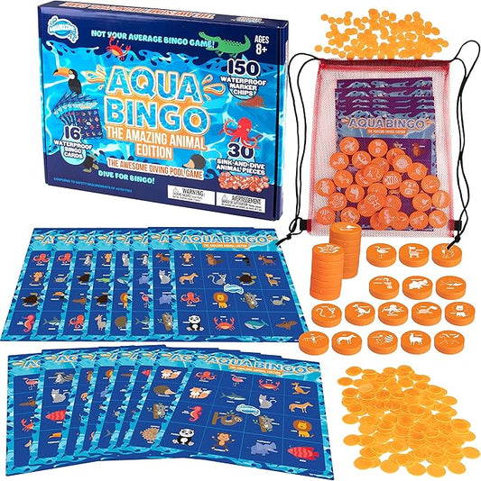 Pool Bingo Diving Game for Kids - Summer Party Fun Edition - Dive & Call 30 Sinking Animal Themed "Numbers", Fill Your Card- 150 Marker Chips &16 Double Sided Waterproof Play Cards & Bag, Gift